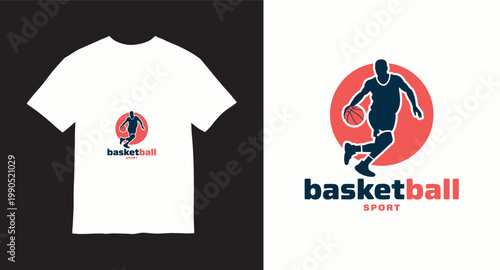 Basketball sport player dribbling ball vintage logo with text on white t shirt mockup.