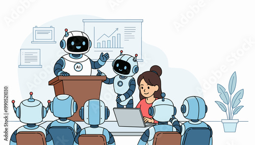 AI robots teaching data analysis and technology concepts in modern classroom environment