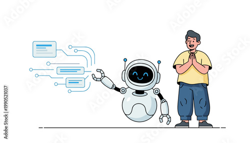 AI robot assisting user with smart automation system and digital workflow interaction