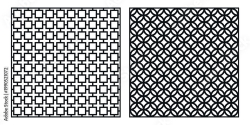 Two black and white square patterns are displayed side-by-side: one featuring interlocking squares and the other featuring interlocking circles creating a quatrefoil vector design