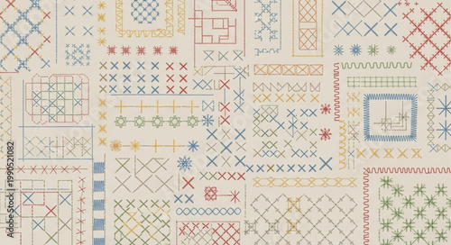 Vintage Textile Sampler with Geometric Embroidery Patterns.