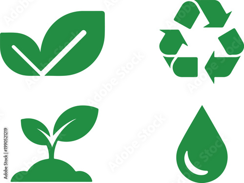 Eco friendly logo design with recycling emblem and green water droplet icons in clean minimalist environmental branding style