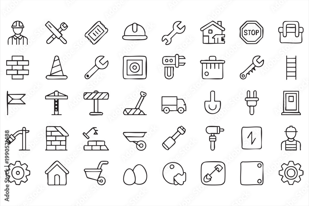 Fototapeta premium Builder and Construction Line Icons, Tools, Equipment, Repair, Engineering Set