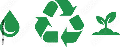 Eco friendly logo design with recycling emblem and green water droplet icons in clean minimalist environmental branding style