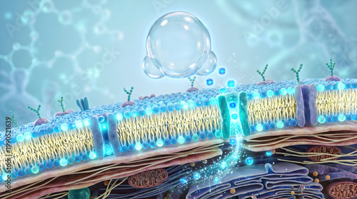 Tableau sur toile 3D Detailed Cell Membrane With Antibody Protein Channel Molecule Transport Organ