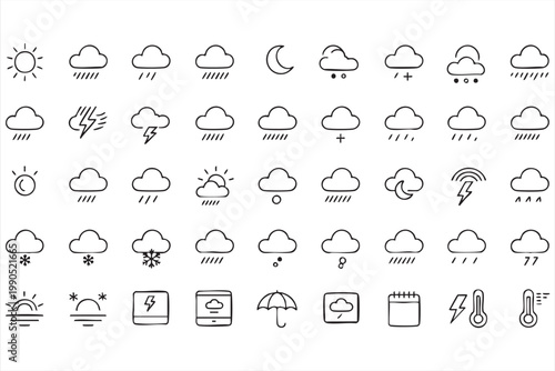 Weather Forecast Icon Set, Climate, Rain, Snow, Storm, Meteorology Symbols