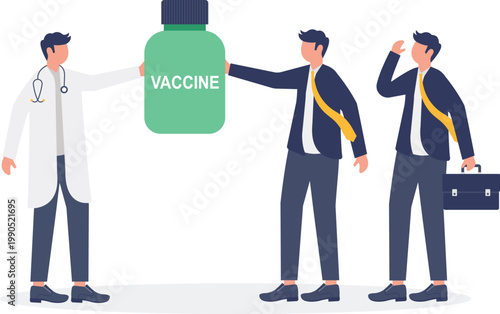 Doctor providing vaccine bottle to professional workers
