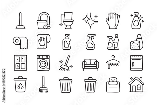 Home Cleaning Icons, Housekeeping, Laundry, Sanitation, Maintenance Collection