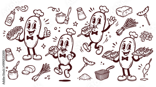 Vintage 1930s Cartoon Sausage Chef Mascot and Hot Dog Ingredient Set