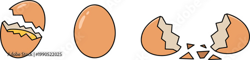 Stages of egg breaking sequence showing intact cracked and shattered shell transformation progression