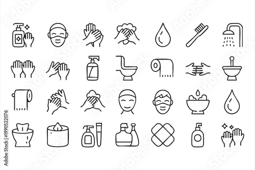 Hygiene Personal Care Icon Set, Hand Washing, Sanitation, Clean Symbols