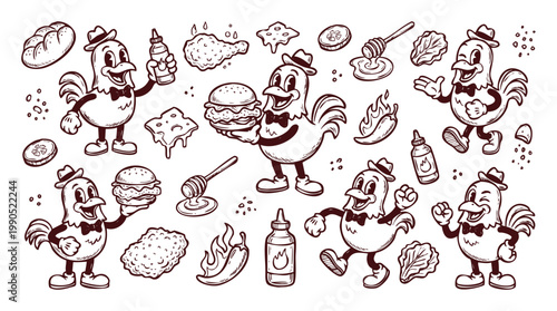 Vintage 1930s Cartoon Rooster Mascot Set with Fried Chicken and Ingredients