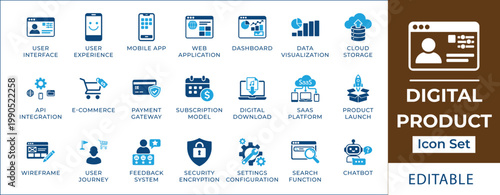 Digital product icon set featuring SaaS platform, cloud computing, data analytics, secure payment, e-commerce cart, customer feedback, chatbot, and software development symbols.