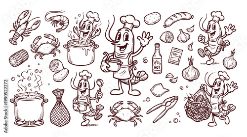 Photos Vintage 1930s Cartoon Shrimp Chef Mascot and Seafood Boil Ingredient Set