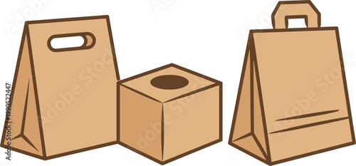 Simple flat design of cardboard bags and tissue box packaging mockup set vector