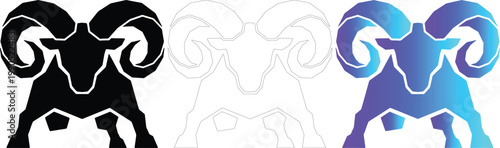 Charging Ram Vector Logo Set with Solid Silhouette Outline and Colorful Gradient Icons