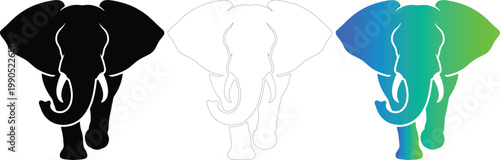 Elephant Silhouette Set with Black, Outline, and Blue Green Teal Gradient Vector Graphics