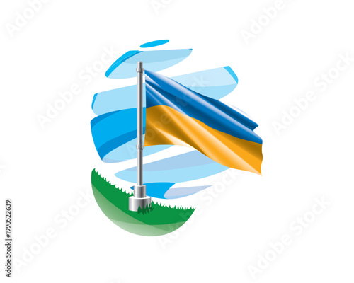 Ukrainian flag on a green lawn against a background of blue abstract sky