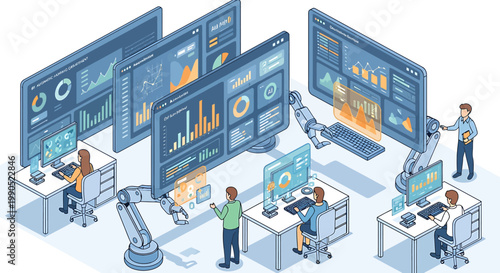 Robotic arms assisting people with data analysis and technology development in a modern office environment
