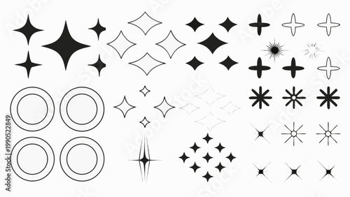 Collection of various black and white sparkle star and oval shaped design elements
