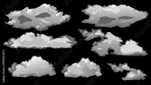 A collection of grayscale cloud shapes against a solid black background