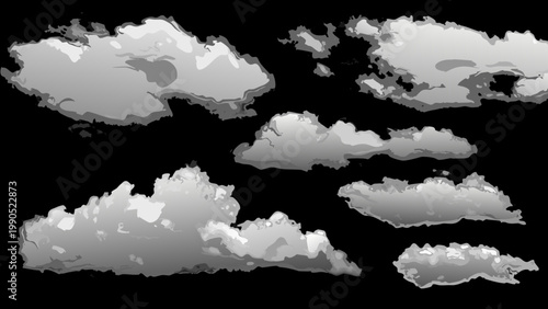 A collection of fluffy grayscale clouds against a solid black background