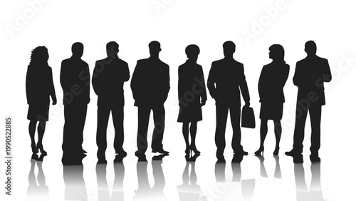 A group of silhouetted business professionals standing in a single file line