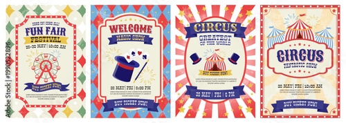welcome circus, retro invitation poster set. vintage fun fair festival background with tent, pattern. invite banner of carnival magic show. vector illustration