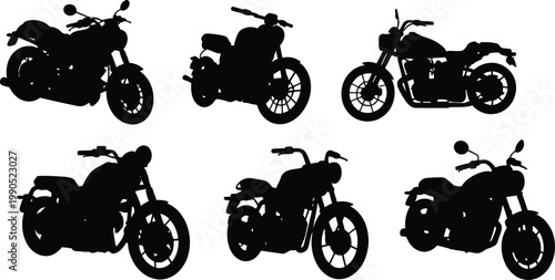 Six black silhouette motorcycles on white background, various styles motorbike