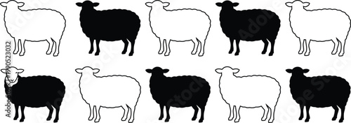 Ten sheep silhouettes, alternating black and white, standing in two rows animal