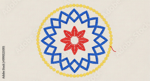 Embroidery hoop with geometric floral pattern in progress.