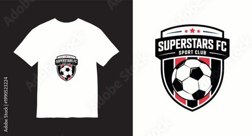 Soccer sport club logo on white t shirt design emblem with football graphic.