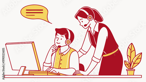 Customer service representatives assisting a client on a computer with a headset and a speech bubble, highlighting communication and support