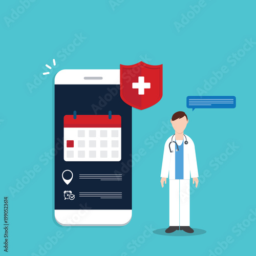 Medical Appointment Mobile App with Doctor and Health Protection Shield Illustration