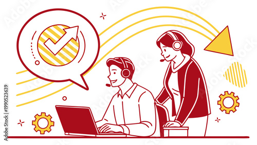 Customer support team working collaboratively on a computer, with a checkmark in a speech bubble above their heads