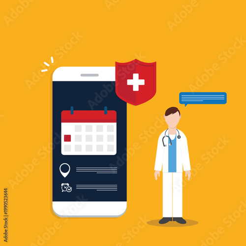 Medical Appointment Mobile App with Doctor and Health Protection Shield Illustration