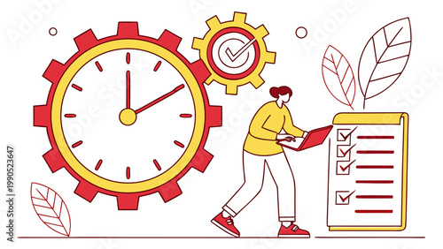 Time management and task completion using a laptop and checklist with gears and clock illustration