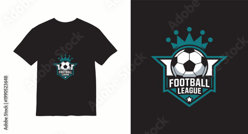 Football league crest with crown and soccer ball on black t-shirt.