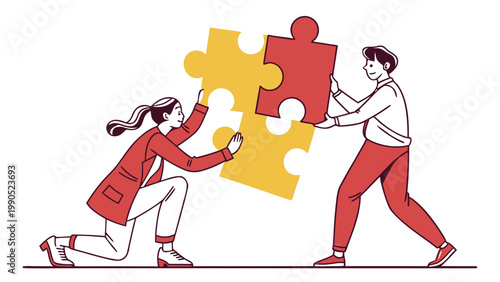 Two people assemble a large puzzle together, symbolizing teamwork, collaboration, and problem-solving in a shared endeavor