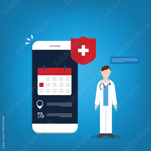 Medical Appointment Mobile App with Doctor and Health Protection Shield Illustration