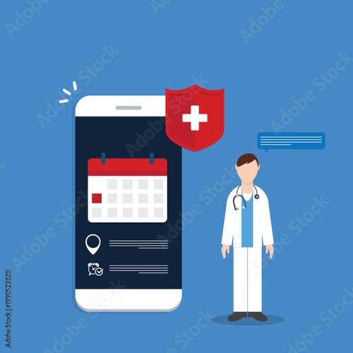 Medical Appointment Mobile App with Doctor and Health Protection Shield Illustration