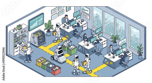 Isometric illustration of a futuristic office with robots and employees working together in a smart environment