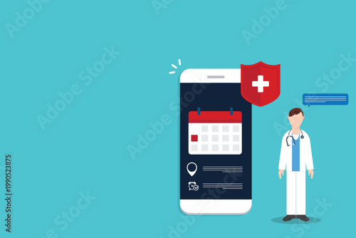 Medical Appointment Mobile App with Doctor and Health Protection Shield Illustration