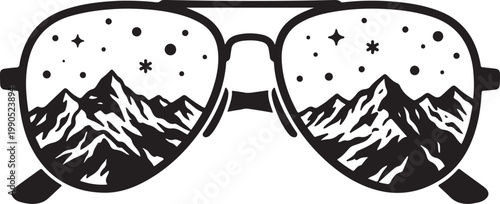 Aviator sunglasses reflecting a starry night sky and mountain range with black and white line art sunglasses mountains