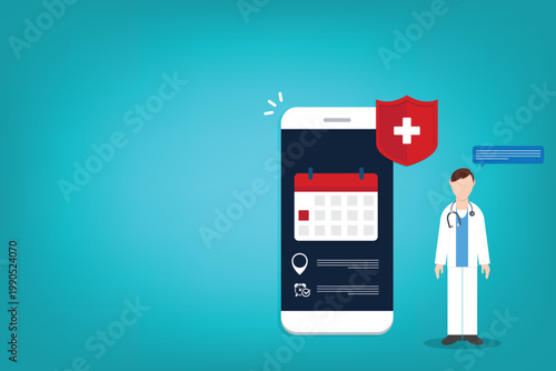 Medical Appointment Mobile App with Doctor and Health Protection Shield Illustration