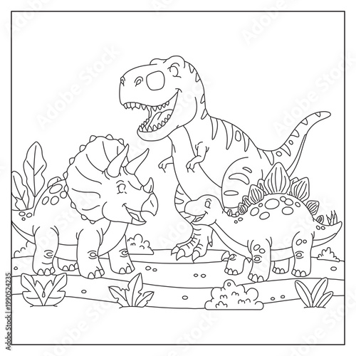 A detailed line drawing of two dinosaurs amidst lush prehistoric foliage