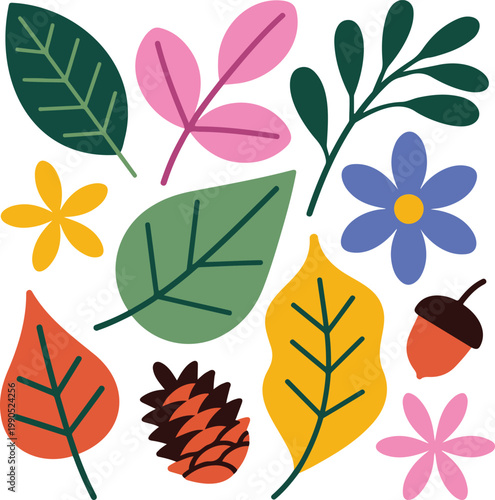 Colorful autumn leaf and flower set featuring acorns and various botanical elements in flat style vector illustration isolated,
