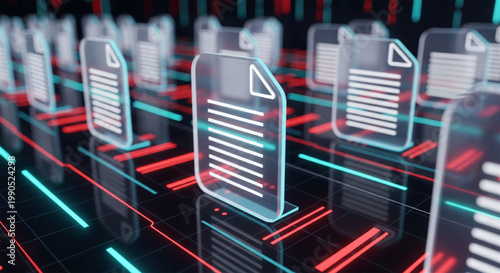 Futuristic digital document icons, glowing glass data files on virtual server network