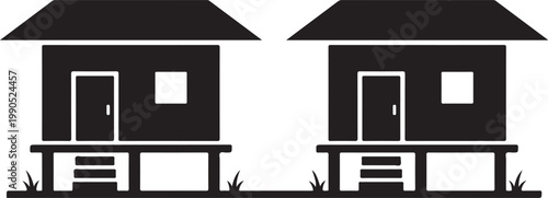 Two identical stilt houses side by side with real estate black and white architecture buildings residence dwelling