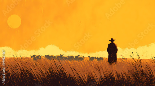 Solitary shepherd figure in a vast pasture, with herd animals scattered far in the distance across the horizon